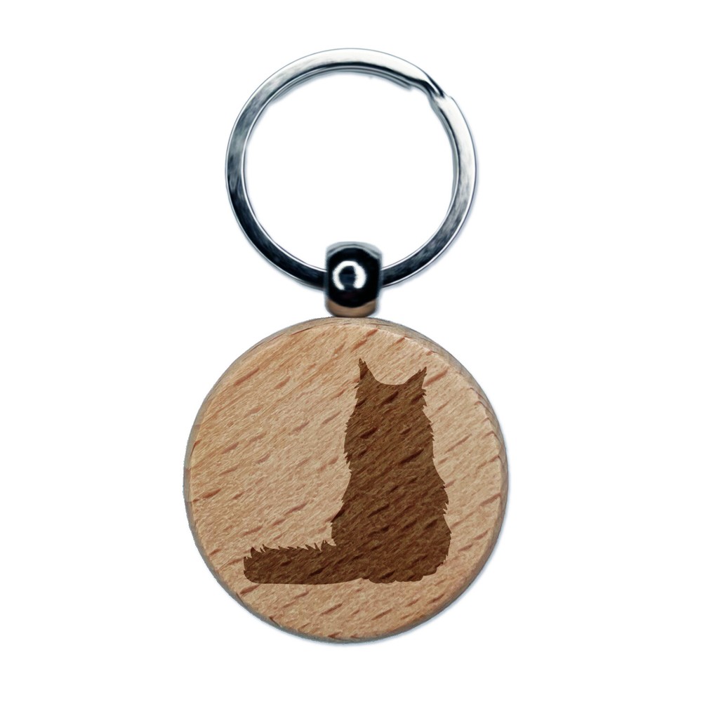 Llavero redondo sentado Maine Coon gato grabado en madera etiqueta dije