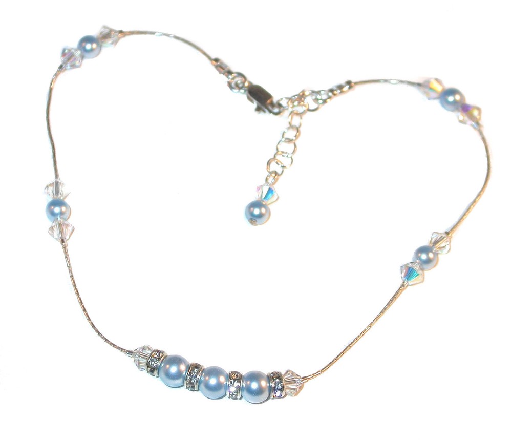 CLEAR AB Crystal & BLUE Pearl Anklet Sterling Silver Bridal Swarovski Elements