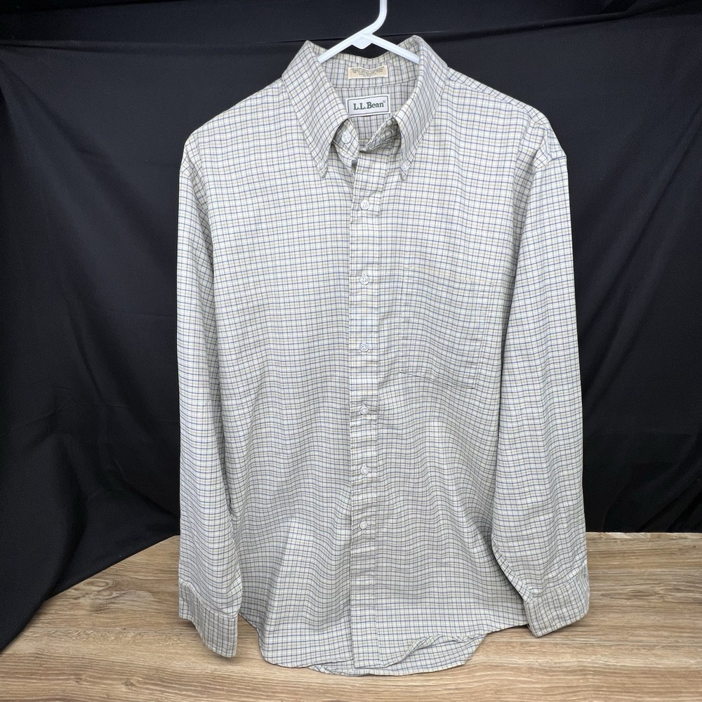 Vintage LL Bean Men's Beige Plaid Button-Up Shirt Size 17-35 Single Needle Tailor 96 USA