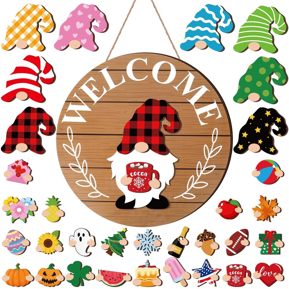 Interchangeable Wooden Gnome Decor Holiday Seasonal Gnome Decorations with Ma...