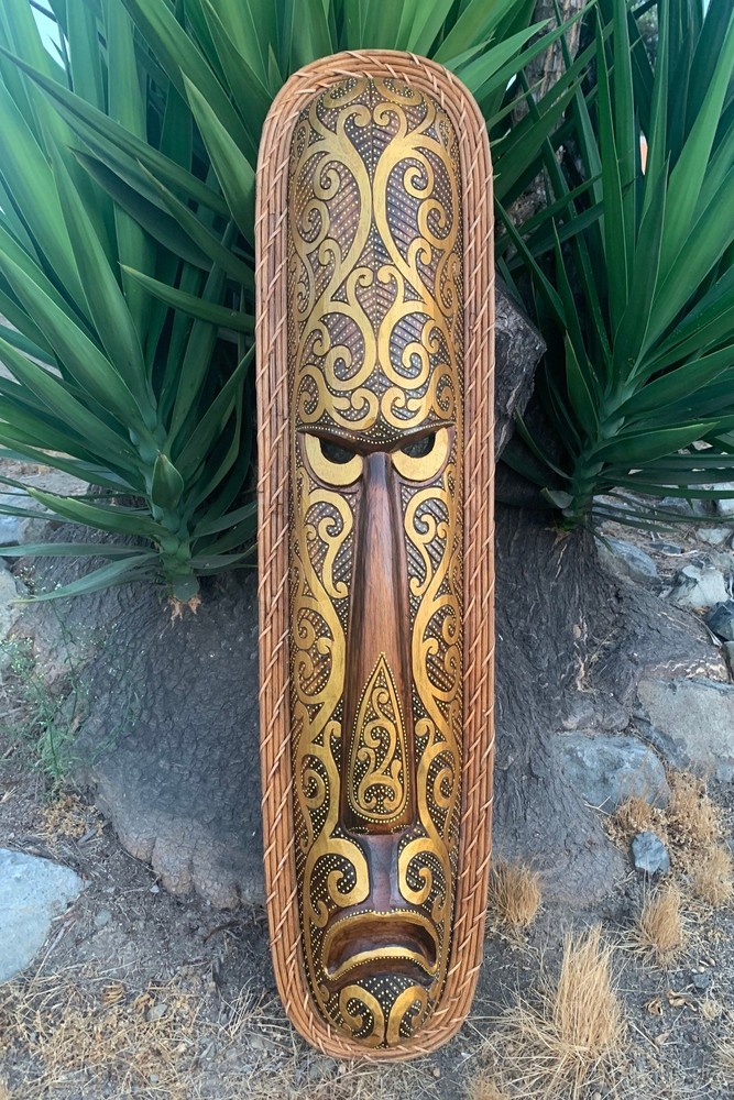 Primitive Mean Face Tribal Maori Tiki Wood Carving Wall Plaque Tropical Bar
