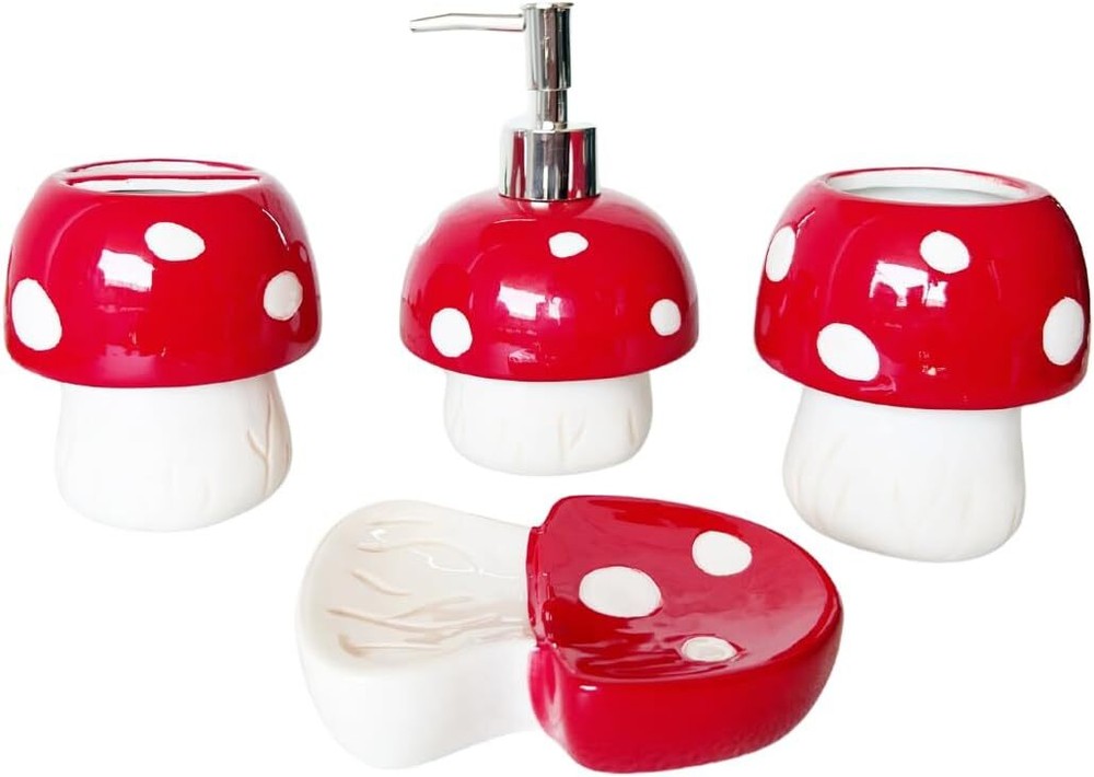 Bathroom Accessories Set 4 Pieces - Mushroom Decor - 100% Red and White