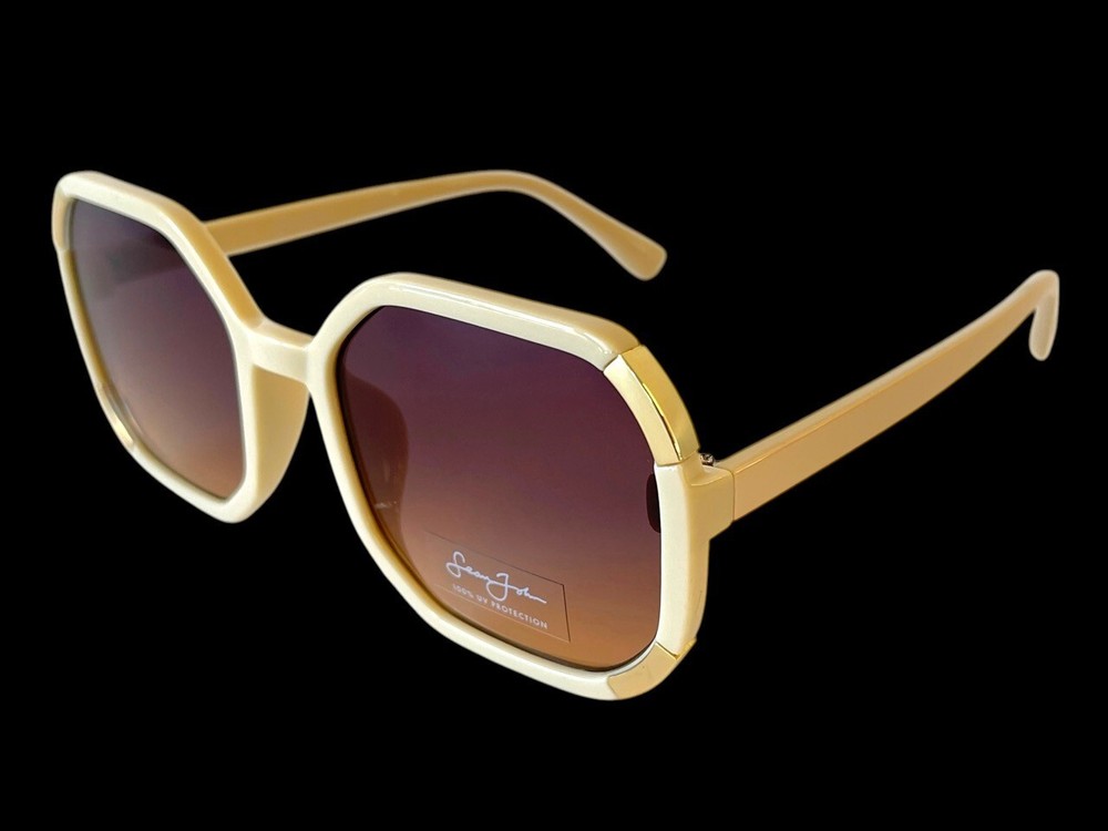 Women's Sean John Retro 1970s Big Lens Sunglasses in Ivory White Gold