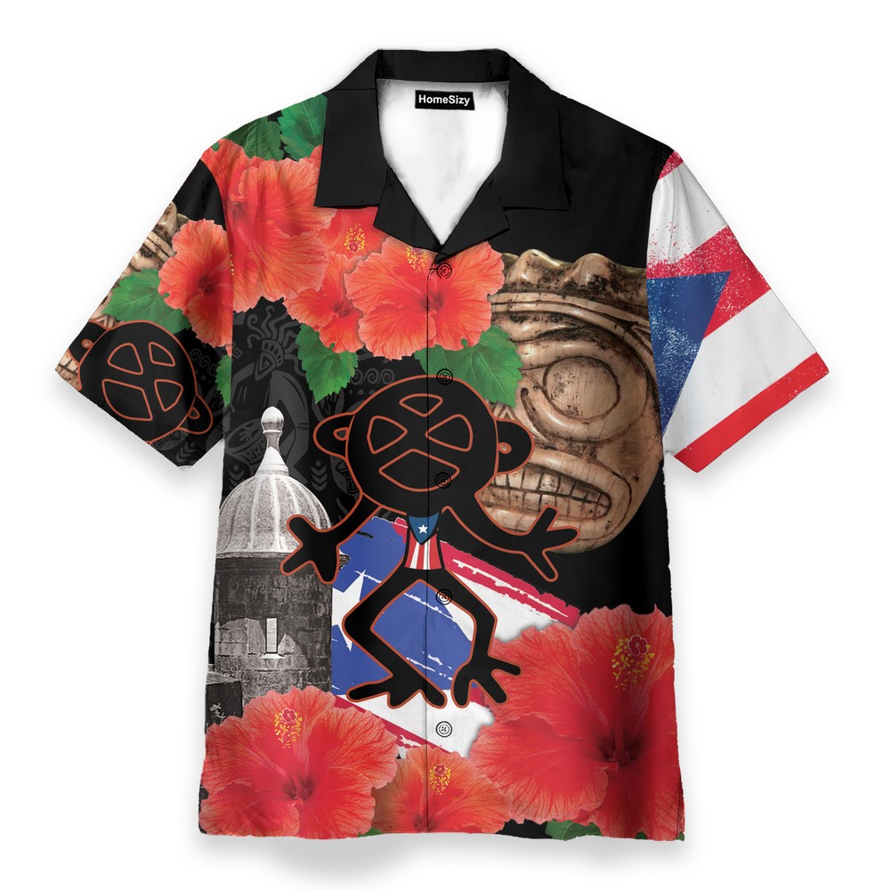 Puerto Rico Sol Taino With Maga Flower   Hawaiian Shirt