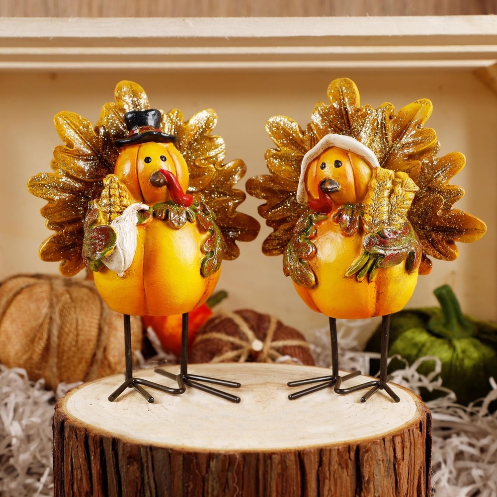 YOFIT Set of 2 Resin Turkey Figurines for Thanksgiving Fall Tabletop Decor