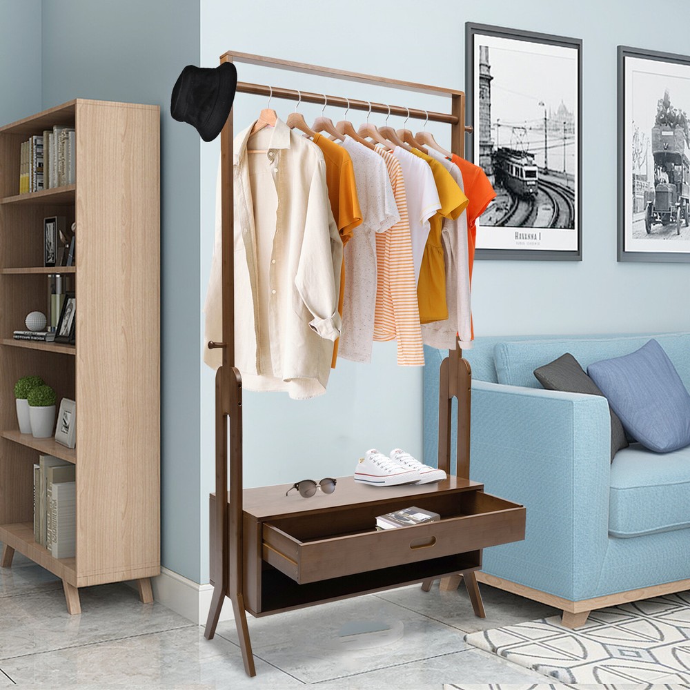 Vintage Bamboo Garment Rack Freestanding Closet Organizer Heavy Duty 300lb Capacity