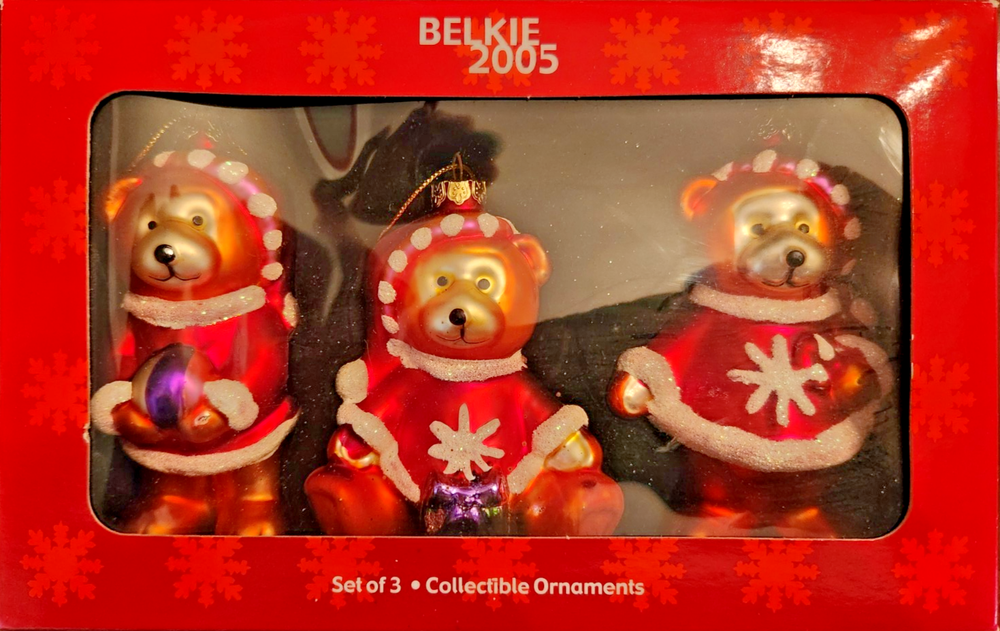Belkie 2005 Collectible Christmas Bear Ornaments Set of 3 in Red and Gold