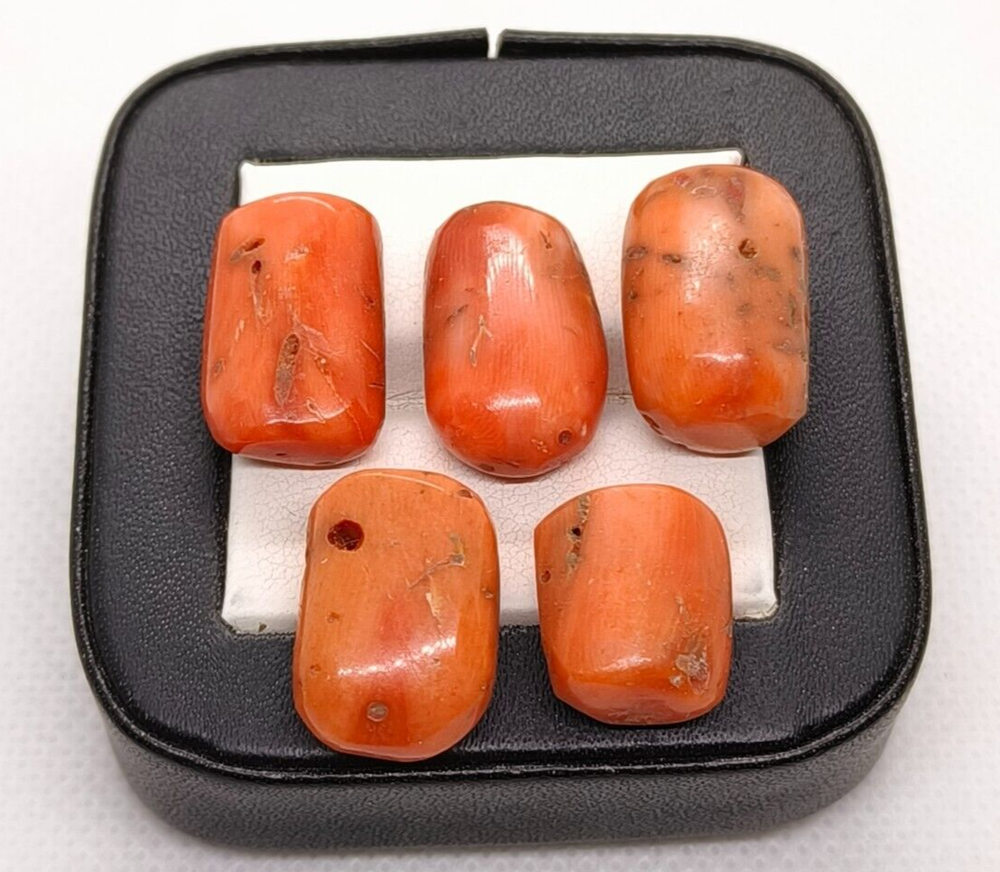 5-Piece Natural Antique Italian Orange Coral Oval Cabochon Lot  