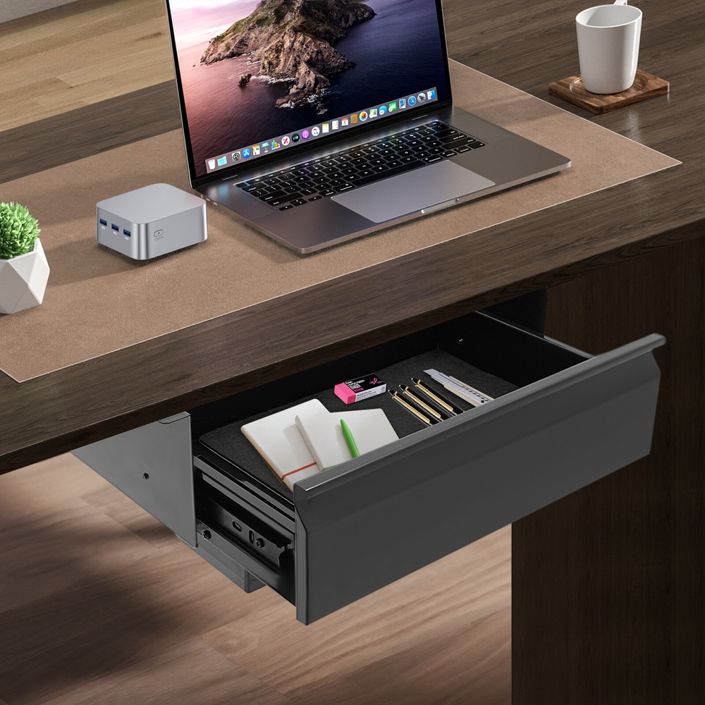 Under Desk Mounted Sliding Pull-out Storage Drawer with Built-in Power Strip