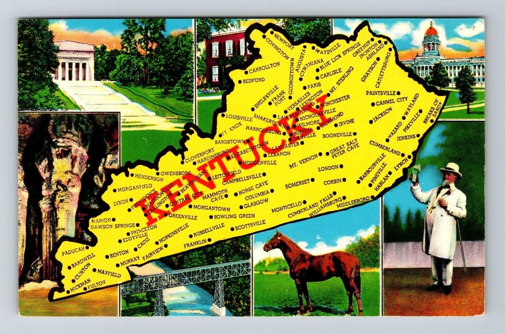 KY-Kentucky, Scenic Map View Greetings, Landmarks And Scenes, Vintage Postcard