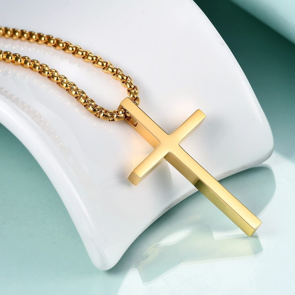 Men Women Cross Necklace Stainless Steel Simple Silver Pendant Box Chain Gift