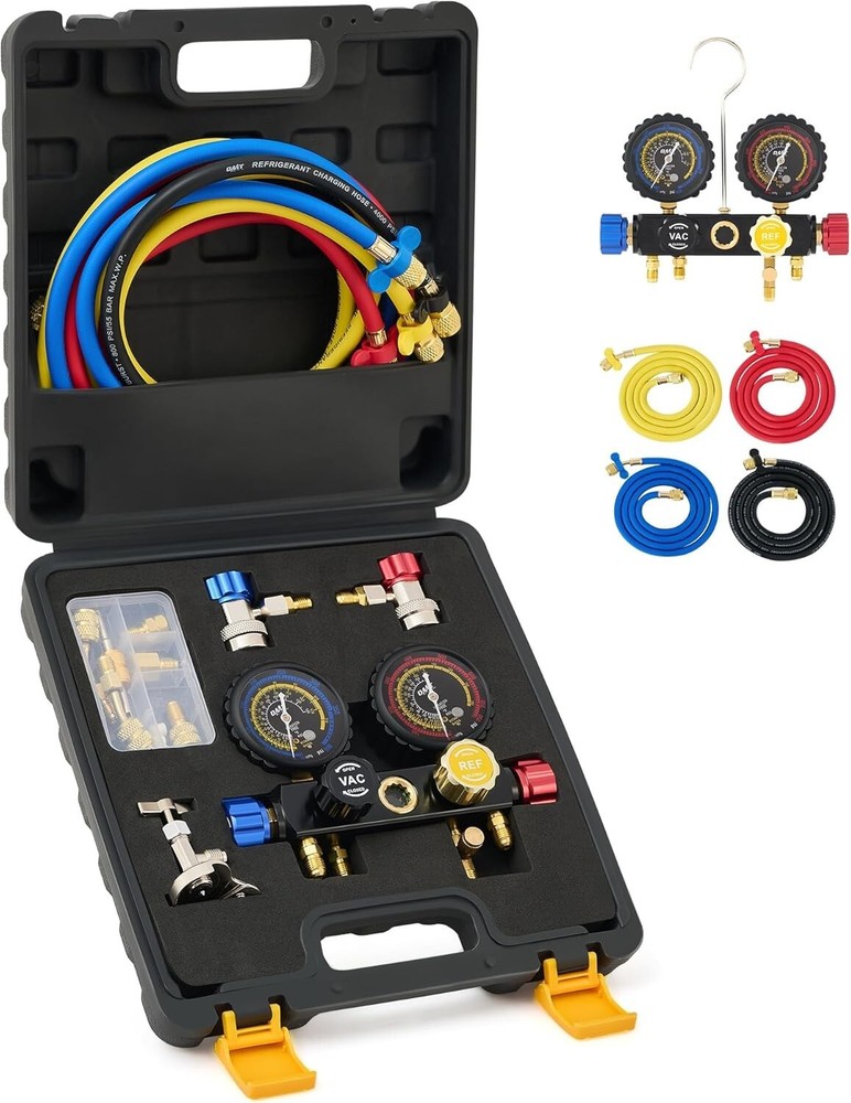 Heavy-Duty 4-Way HVAC Gauge Set with Moisture Indicator & Calibration Screws