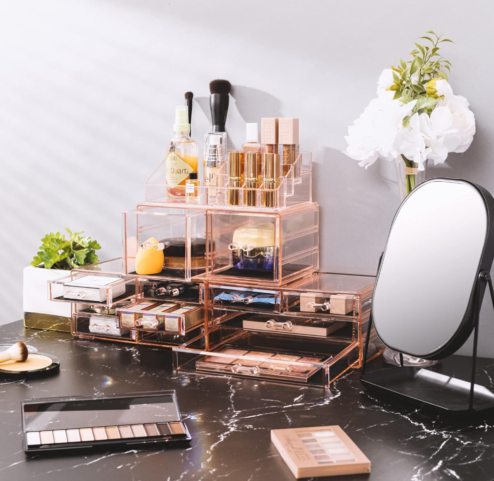 Elegant Stackable Makeup Organizer with 12 Drawers – Pink Acrylic Vanity Storage