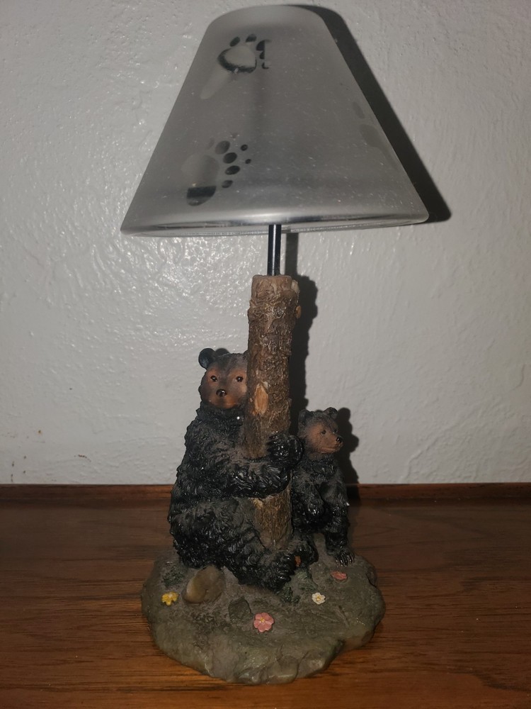 Black Bear Tea Light Candle Holder Resin Glass 10.5 Inch Tree Hugging Lamp  