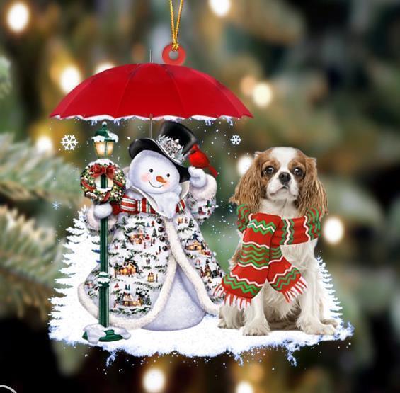 Cavalier King Charles Spaniel With Snowman Christmas Ornament