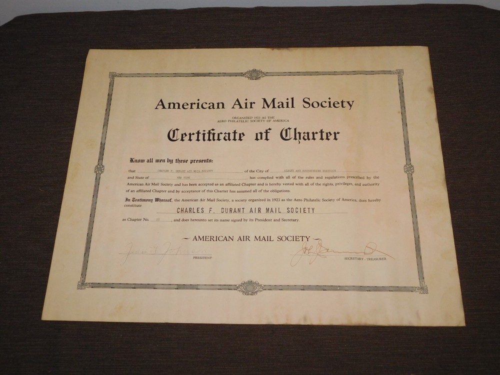 VINTAGE AERO PHILATELIC  AMERICAN AIR MAIL SOCIETY CERTIFICATE of CHARTER