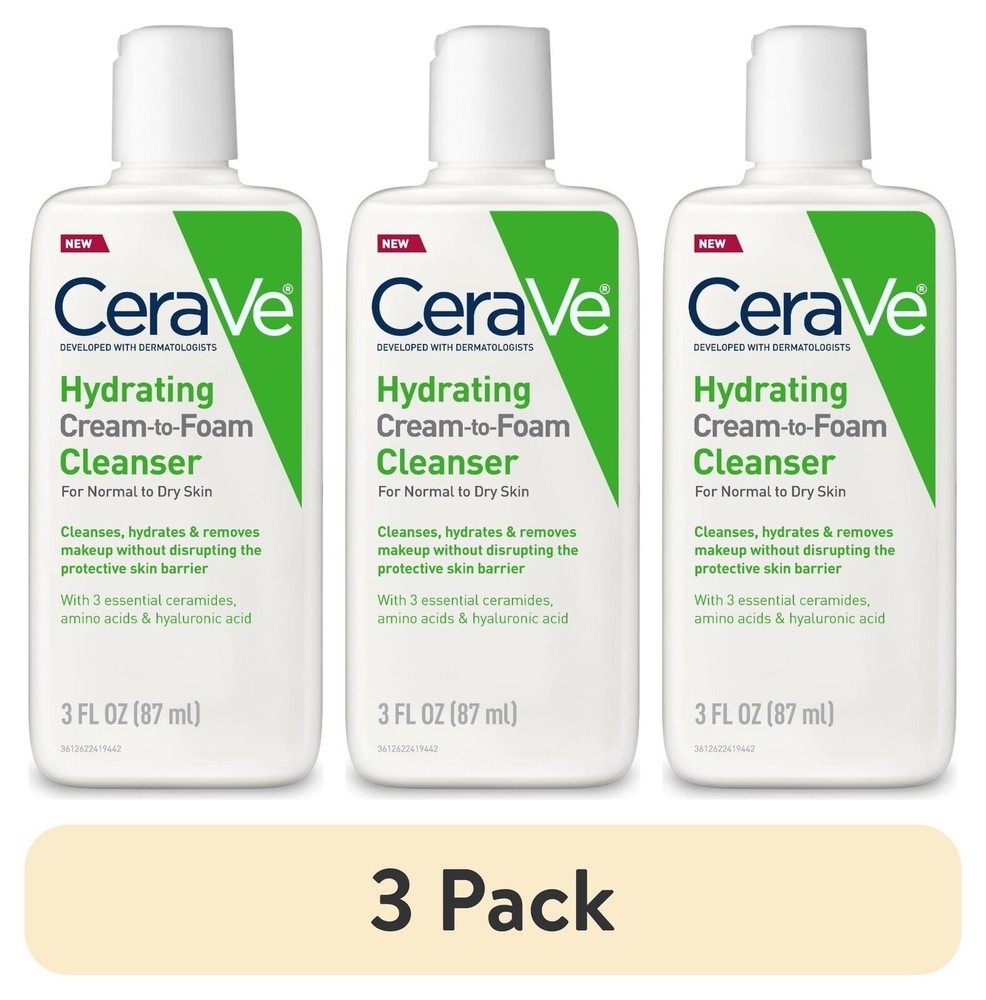 CeraVe Hydrating Cream-to-Foam Facial Cleanser Travel Size 3-Pack, 3 fl oz each