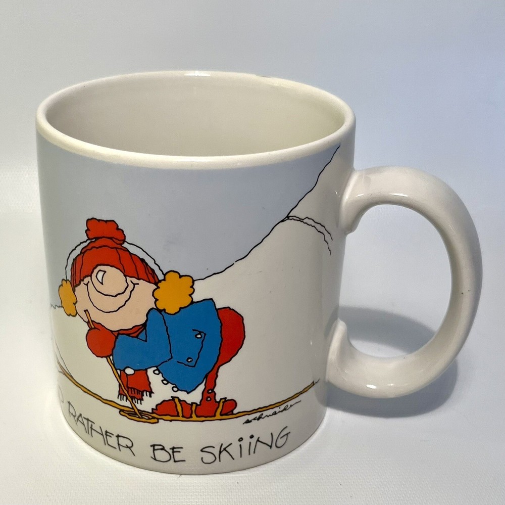 Vintage Russ Berrie Coffee Mug Cup I’d Rather be Skiing Cartoon Schneider Winter
