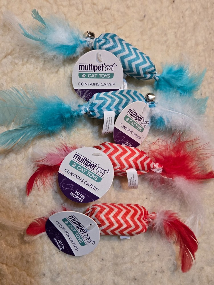 4 New Multipet Catnip Candy Cat Toys with Feathers and Bell in Red, White, and Teal