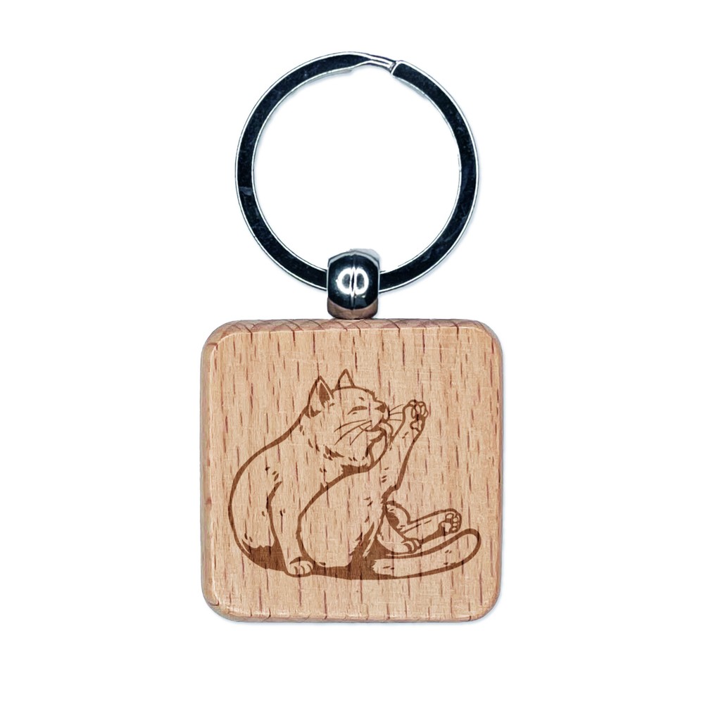 Cute Cat Grooming Leg Wooden Square Keychain Charm Tag  