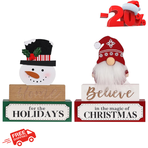 DECSPAS Christmas Decorations Indoor, Set of 2 Wooden Christmas Sign Blocks for