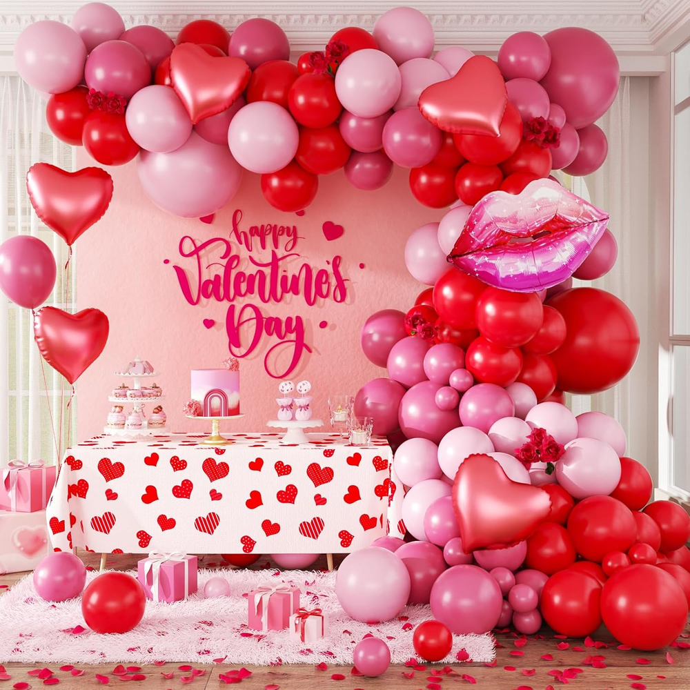 148Pcs Valentines Day Balloon Arch Garland Kit, Pink Red Heart Balloons Red Rose