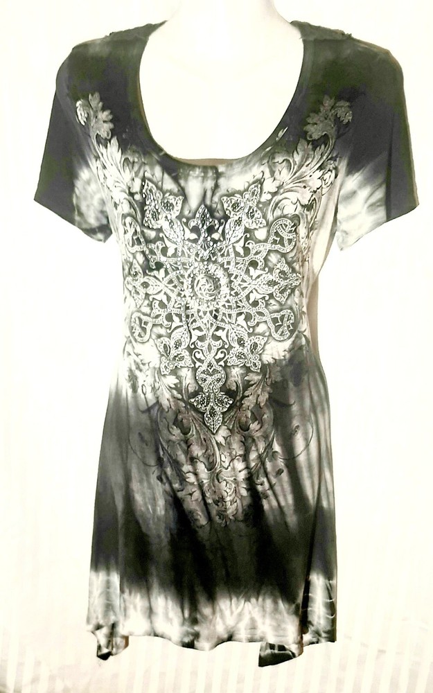 California Boho Sequined Tie-Dye Tunic Top with Open Knit Back Women's Size M-image