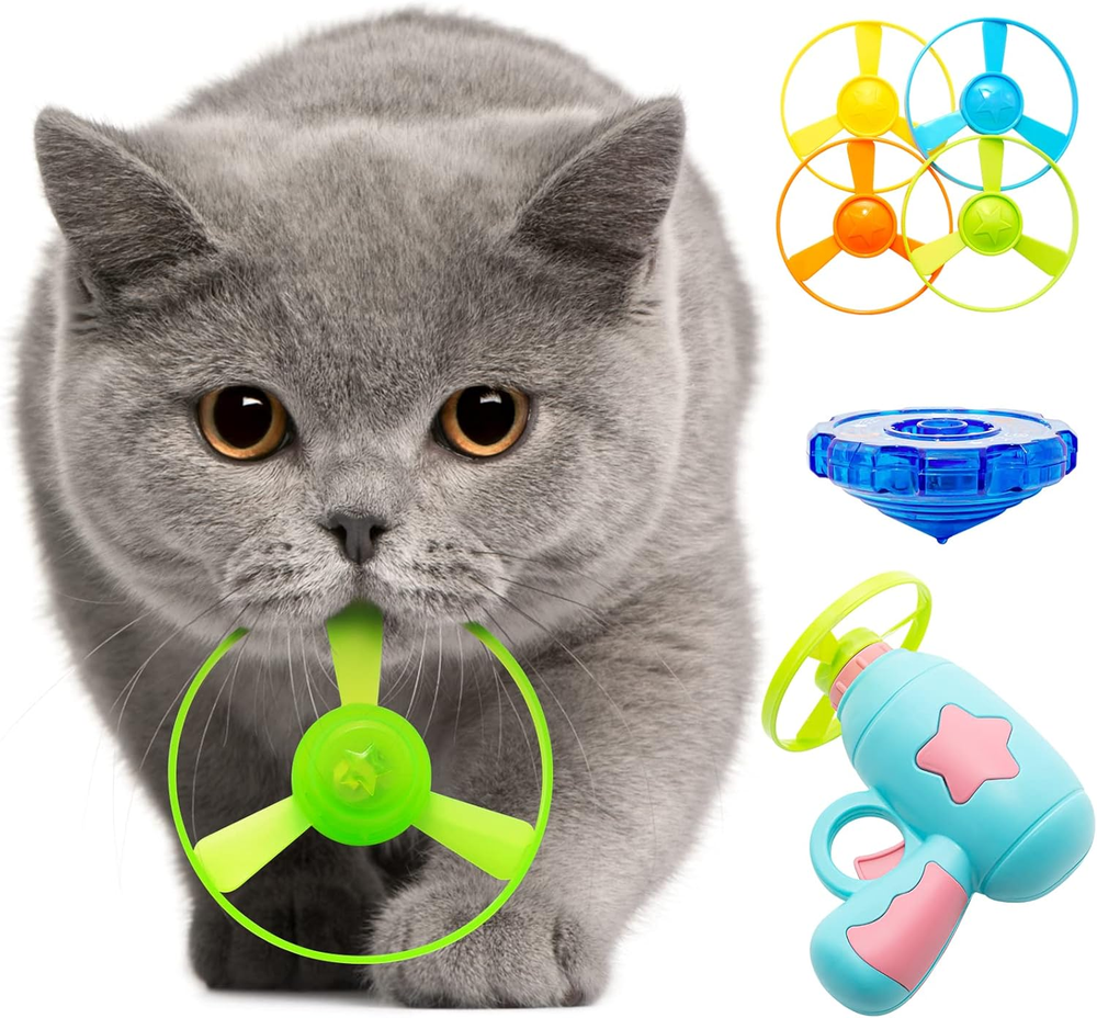 Cat Fetch Toy, Interactive Cat Flying Disc Toy with 1 Light up Spinning Tops, 1