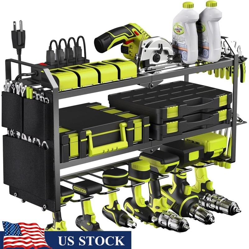 Heavy Duty Steel Wall Mount Power Tool Organizer with 3 Shelves for Garage Storage
