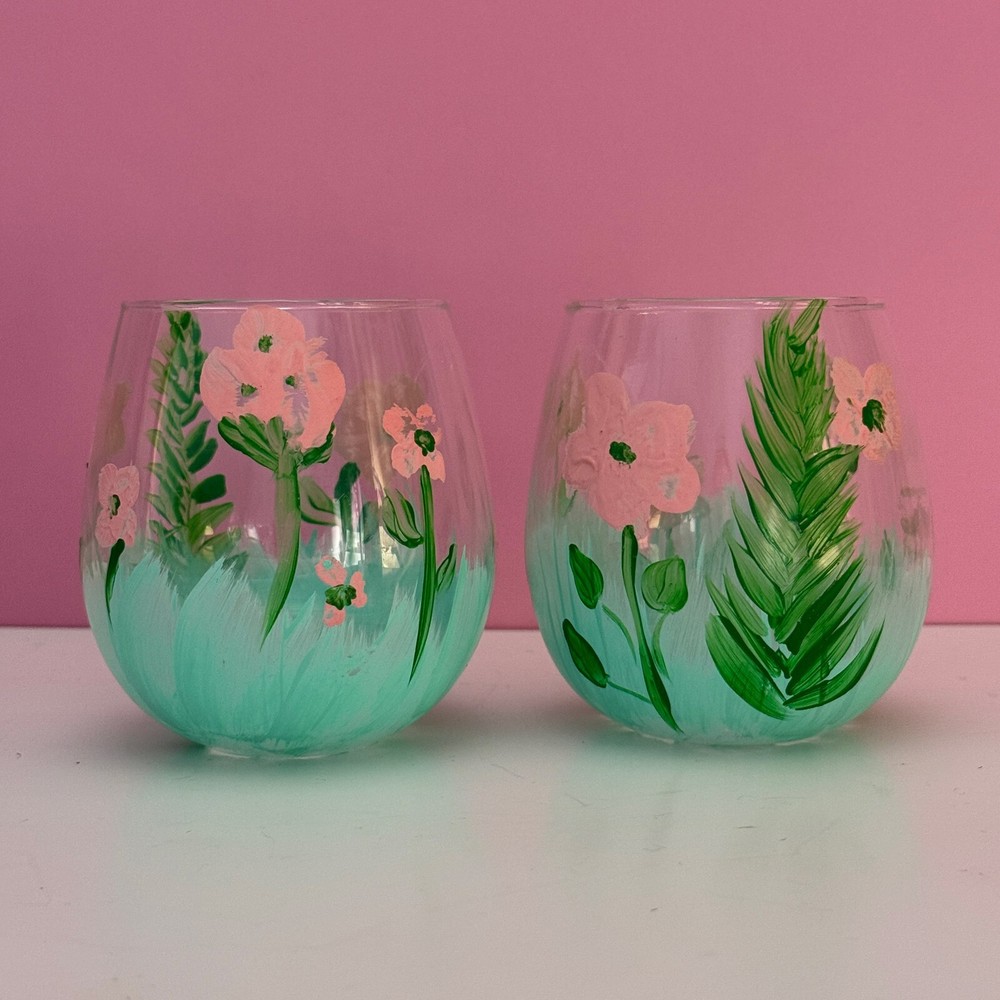 Hand Painted Floral Stemless Wine Glasses Set of 2 - 4 Inch Tall