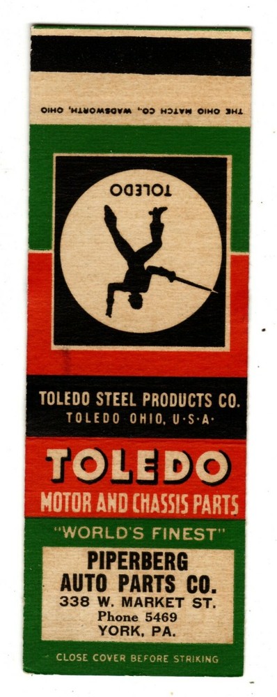 TOLEDO MOTOR PARTS salesman sample matchbook matchcover CAR AUTO - YORK, PA