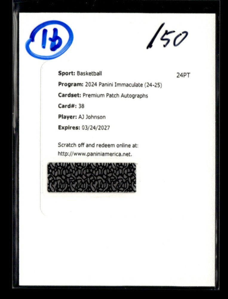 AJ Johnson RC 2024-25 Panini Immaculate Premium Patch Auto /50 Redemption [mty