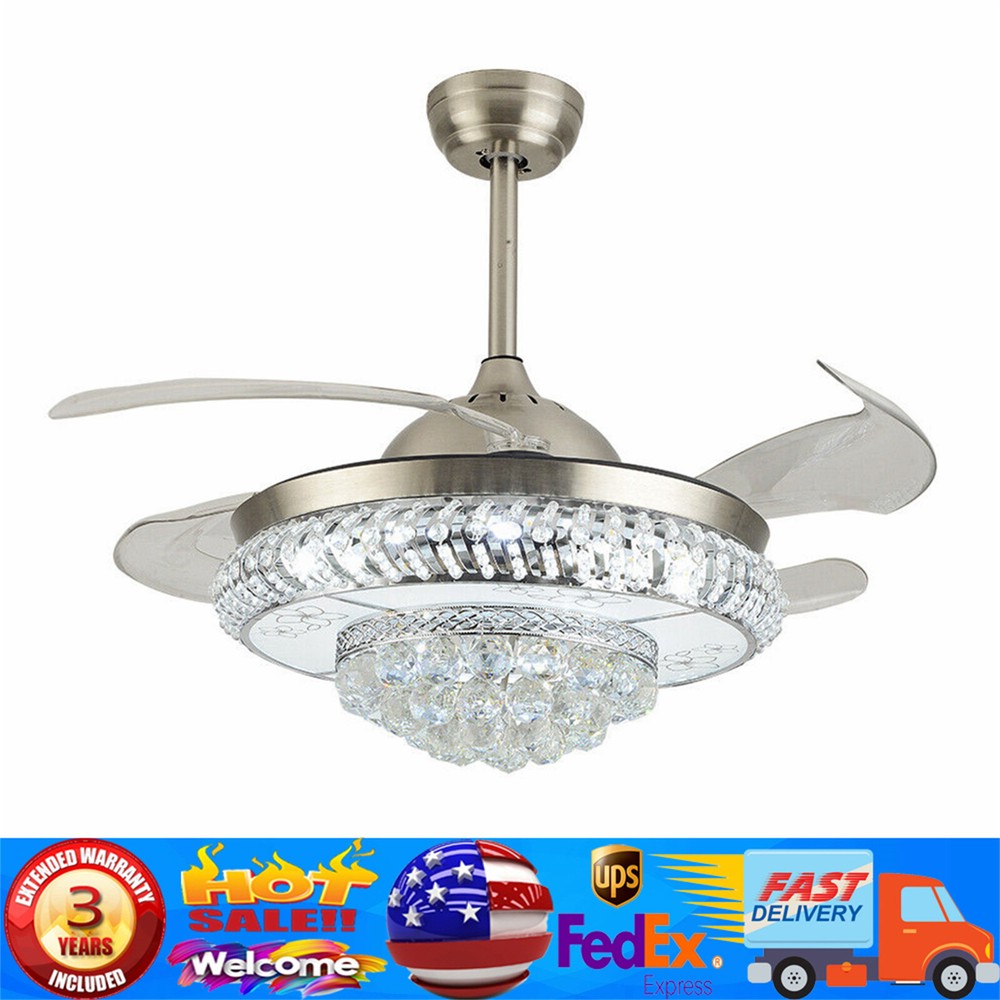 42in Modern Crystal LED Chandelier with Retractable Invisible Blades & Remote Control Ceiling Fan Light  