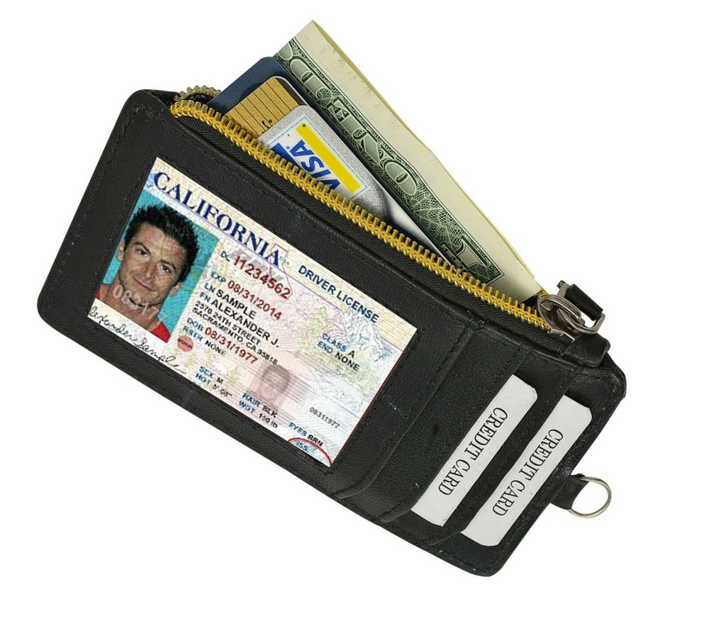 RFID Blocking Black Leather ID Badge Wallet With Neck Strap Ring