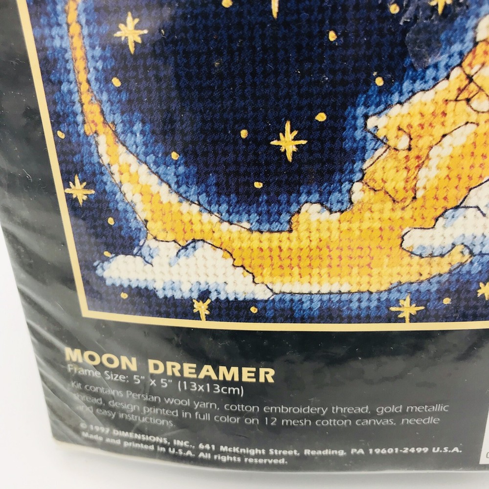 Dimensions Moon Dreamer Cross Stitch Needlepoint 1997 Night Blue Yellow 5x5