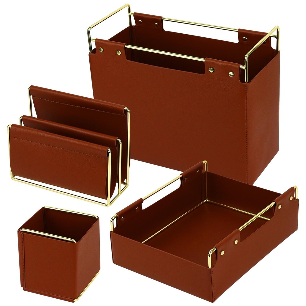 4-Piece Leather Desk Storage Organizer Set - Pencil Cup,Business Card Holder,...