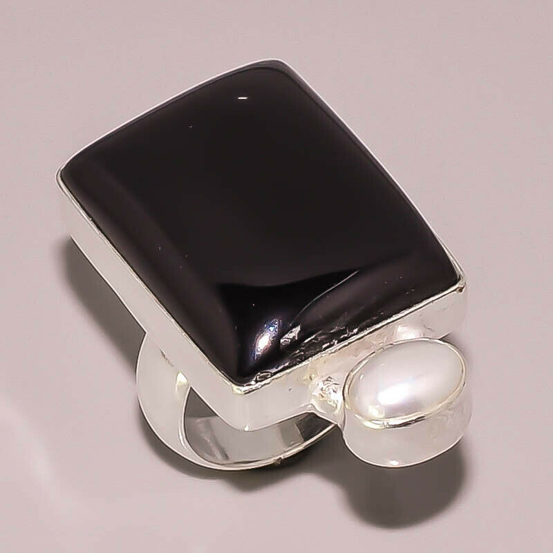 Black Onyx and River Pearl Plated Sterling Silver Ring Size 7