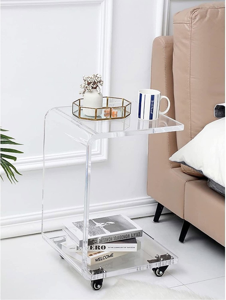 Acrylic Movable Clear Bedside Table C-Shaped End Table Snack Table on Wheels!
