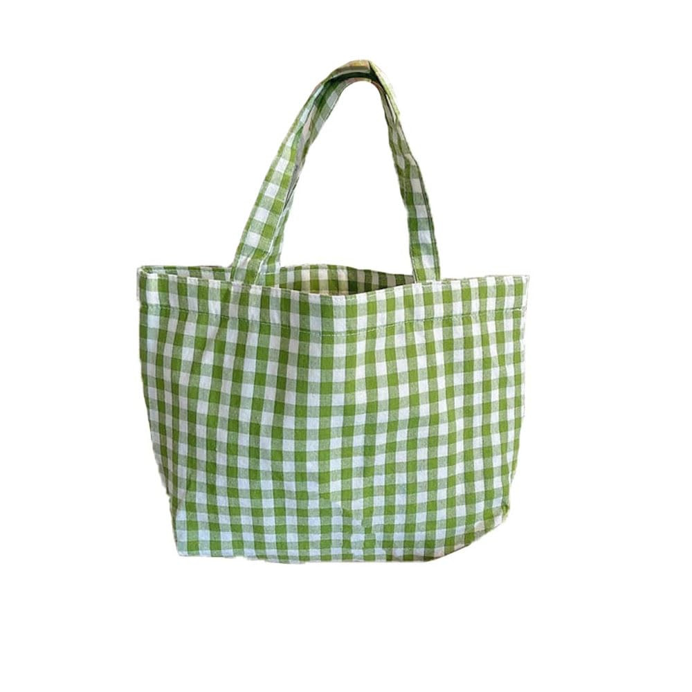 1 Pc Small Plaid Green Canvas Tote Bag for Grocery Shopping or Beach