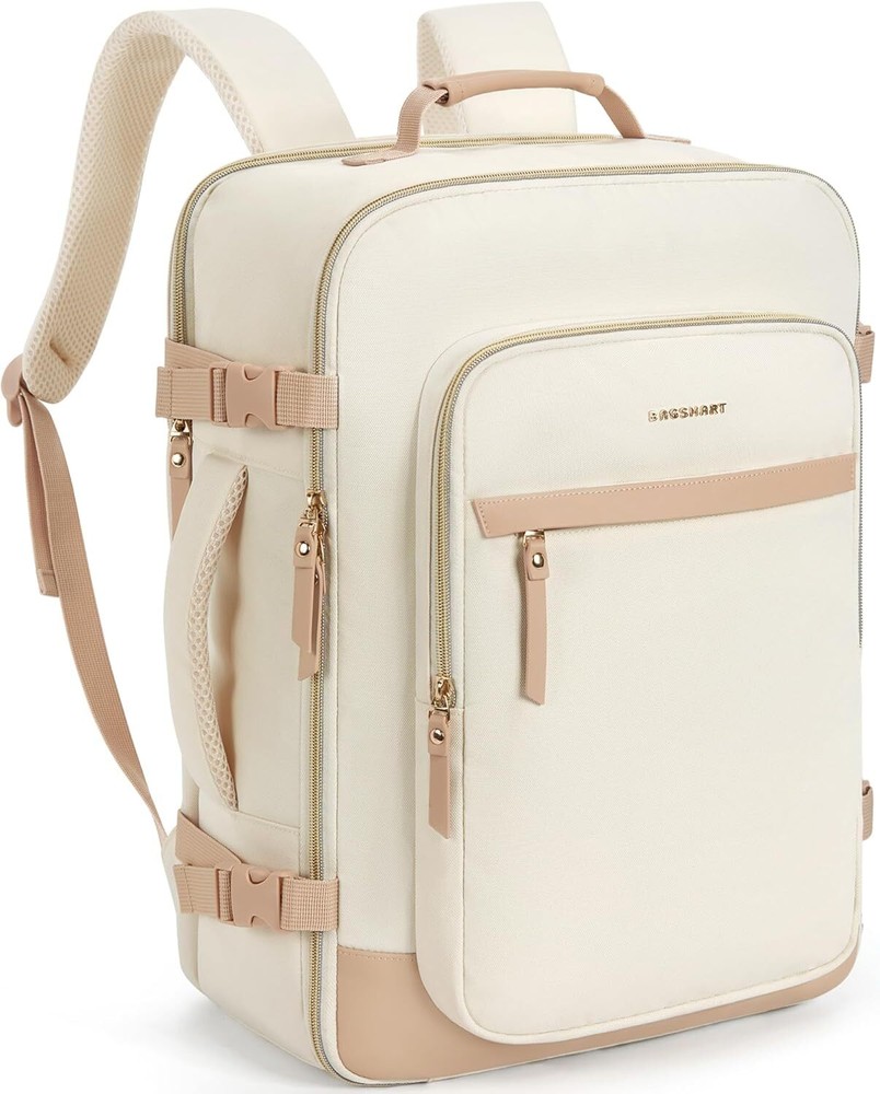 BAGSMART Travel Backpack for Women, Large Personal Item Bag, 40L Beige