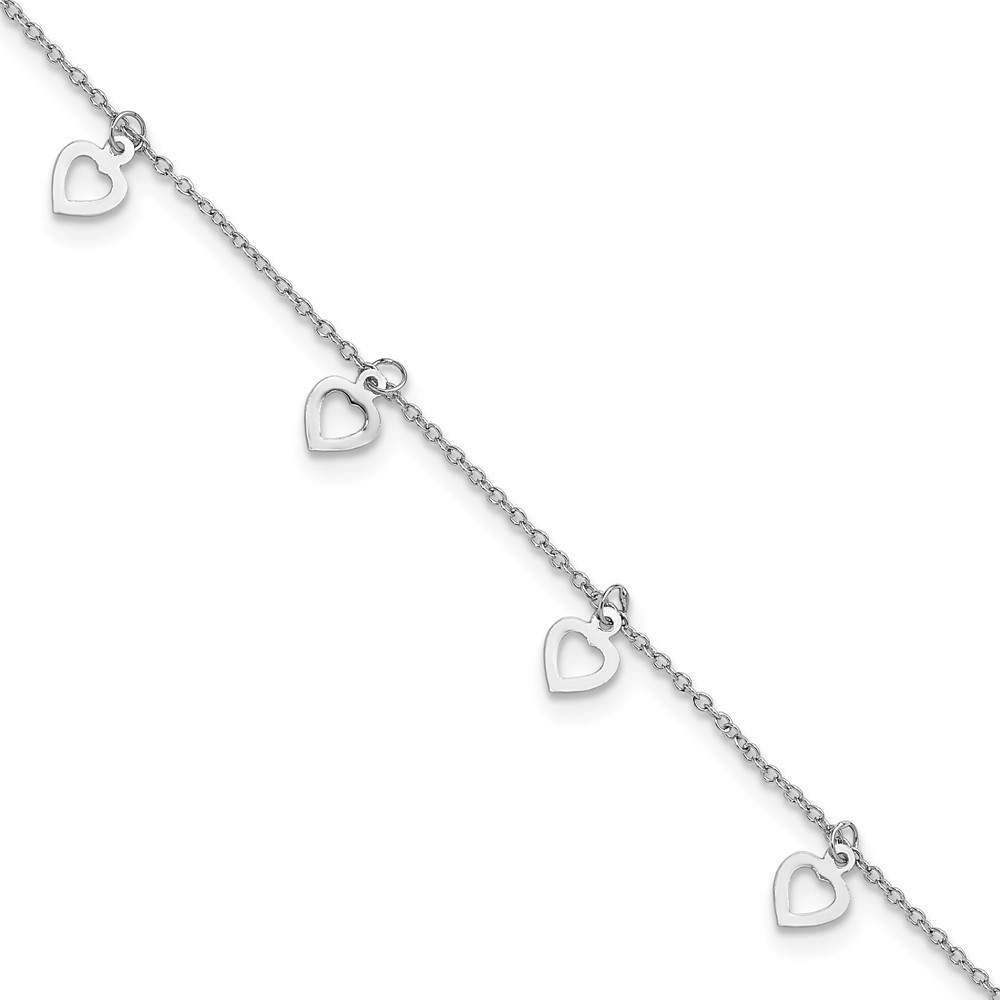 Sterling Silver Rhodium Heart Anklet 9.5 Inch with 1 Inch Extension 1.4 Grams