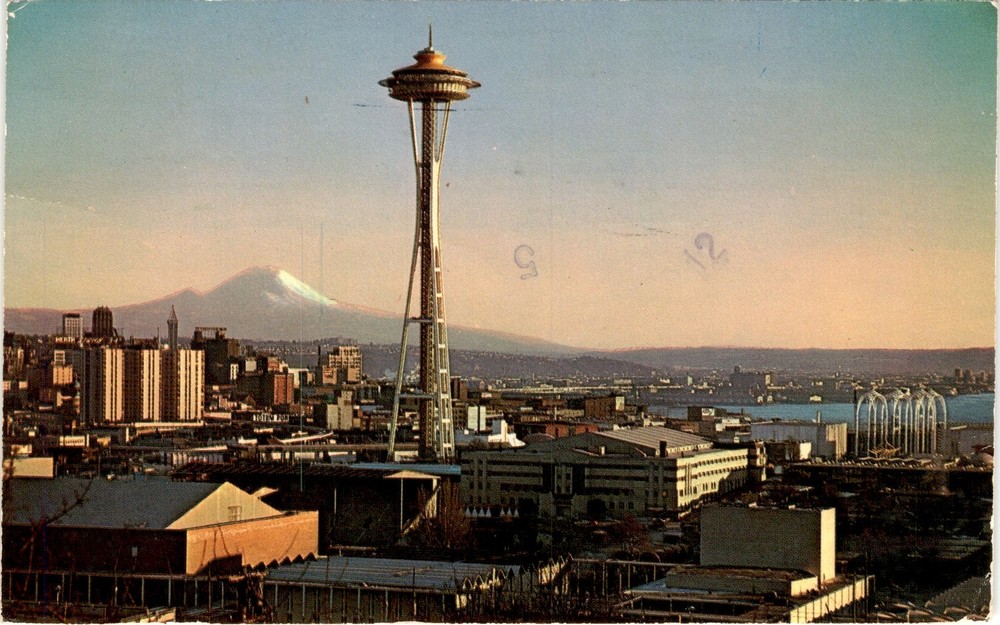 Seattle Space Needle with Mt Rainier Washington postcard