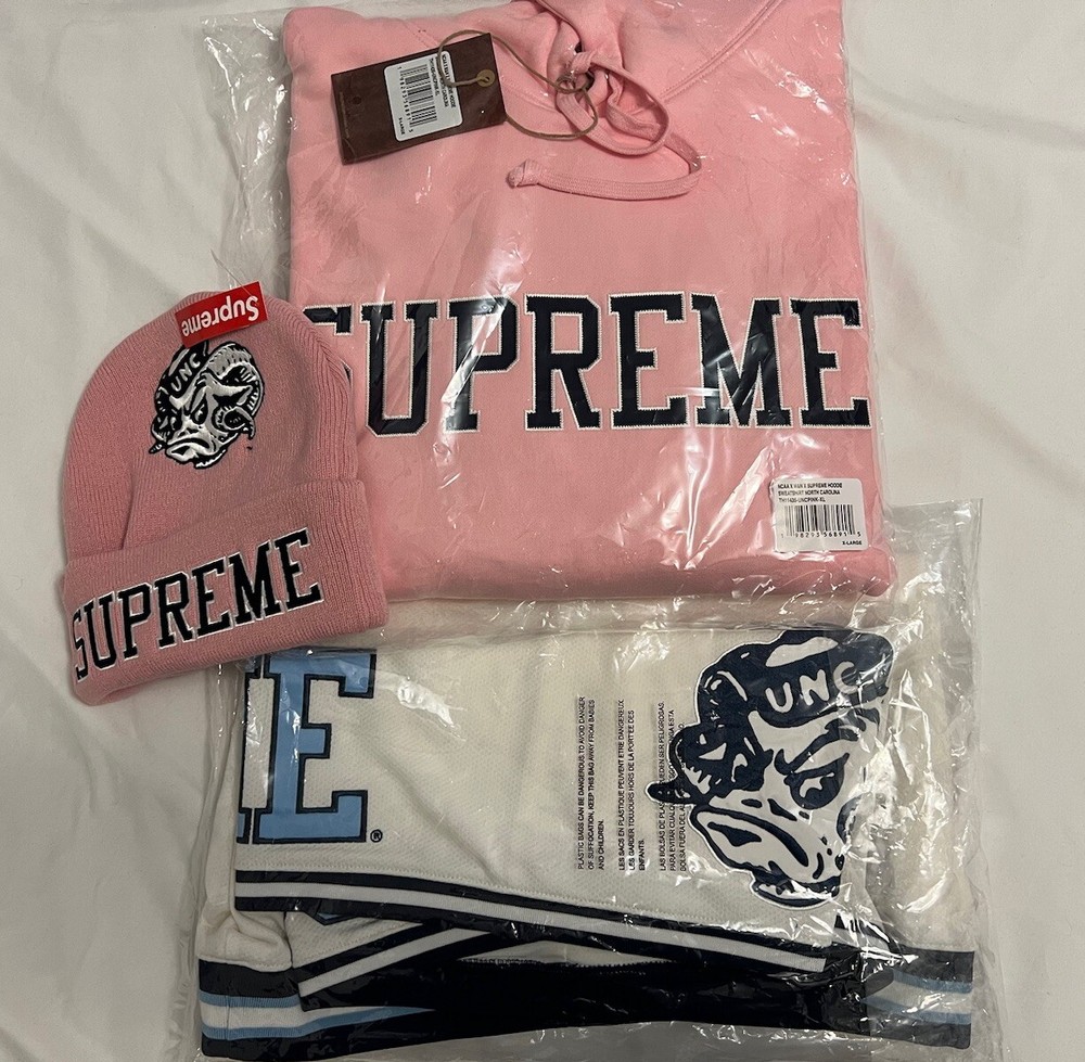 Supreme NCAA Mitchell & Ness UNC PINK Sweatshirt Shorts Beanie Bundle