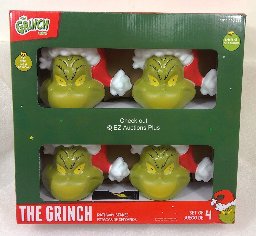 Grinch LED Pathway Light Stakes With Santa Hat - 4 Pack Battery-Operated Decor