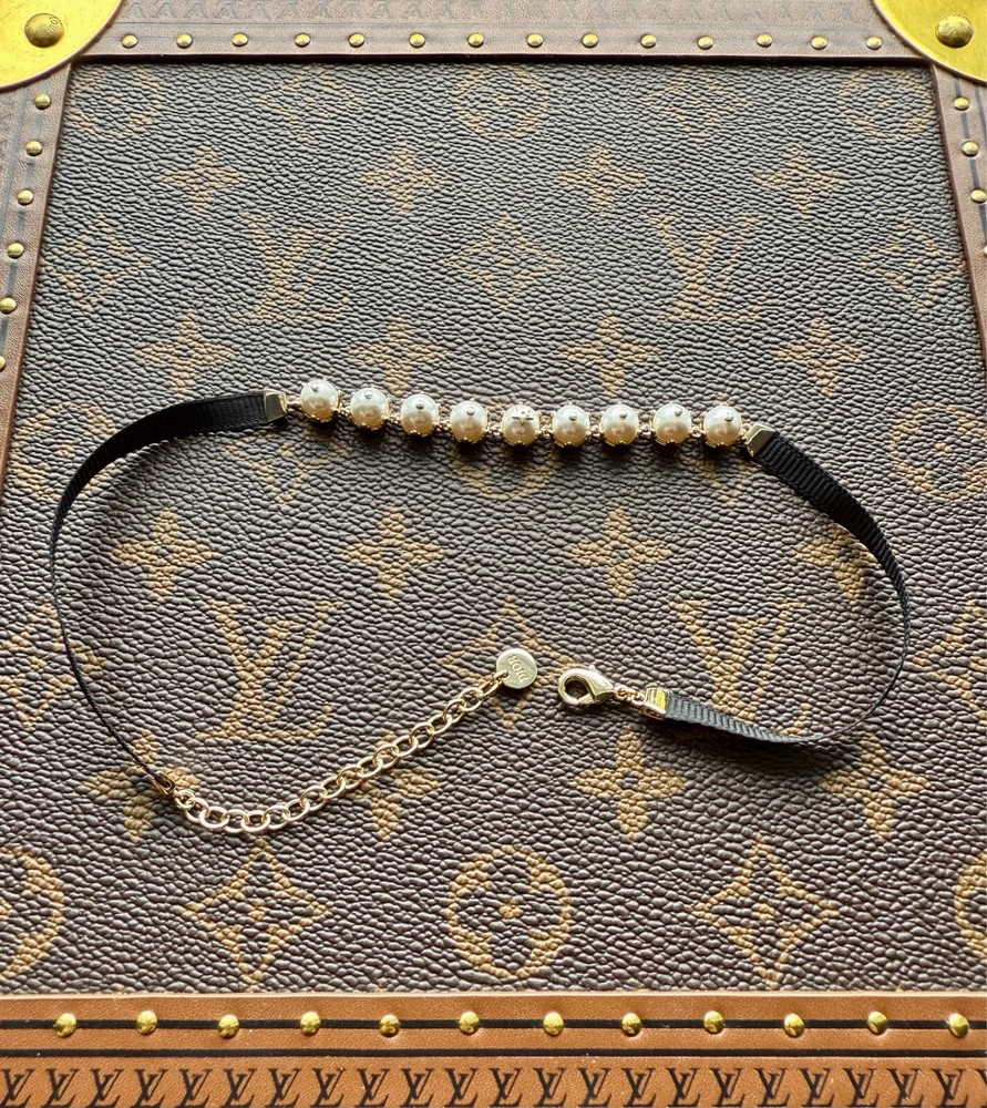 Dior Black Lace Pearl Choker Necklace Elegant New Design