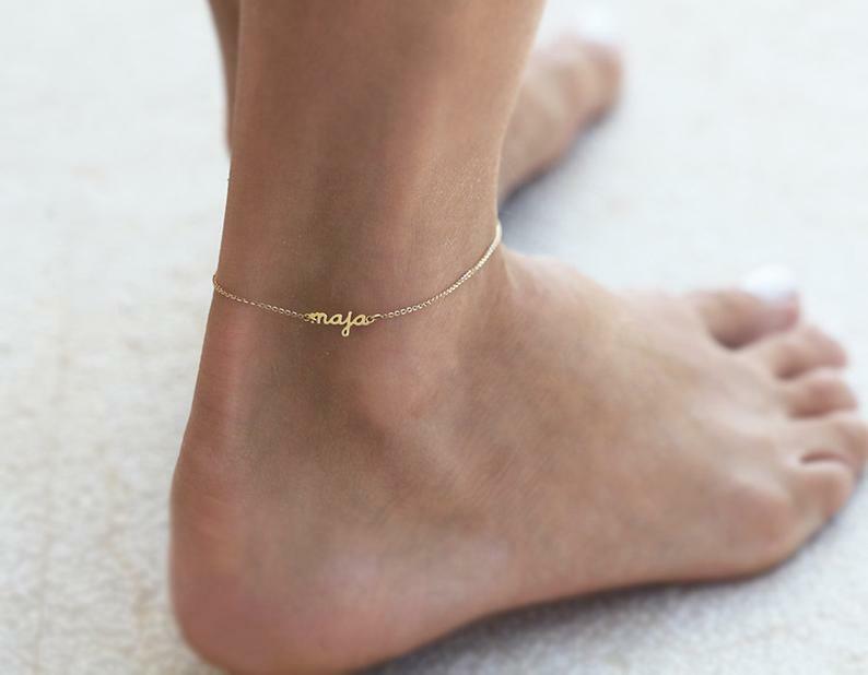 Personalized Name 14K Yellow Gold Tiny Pendant Women's Chain Anklet-image