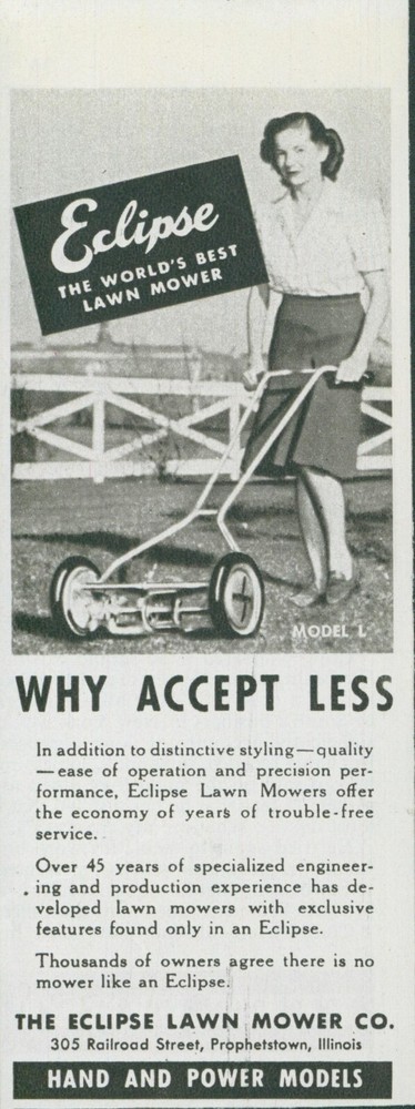 1948 Eclipse Lawn Mower Model L Woman Mowing Push Fence Vintage Print Ad C9