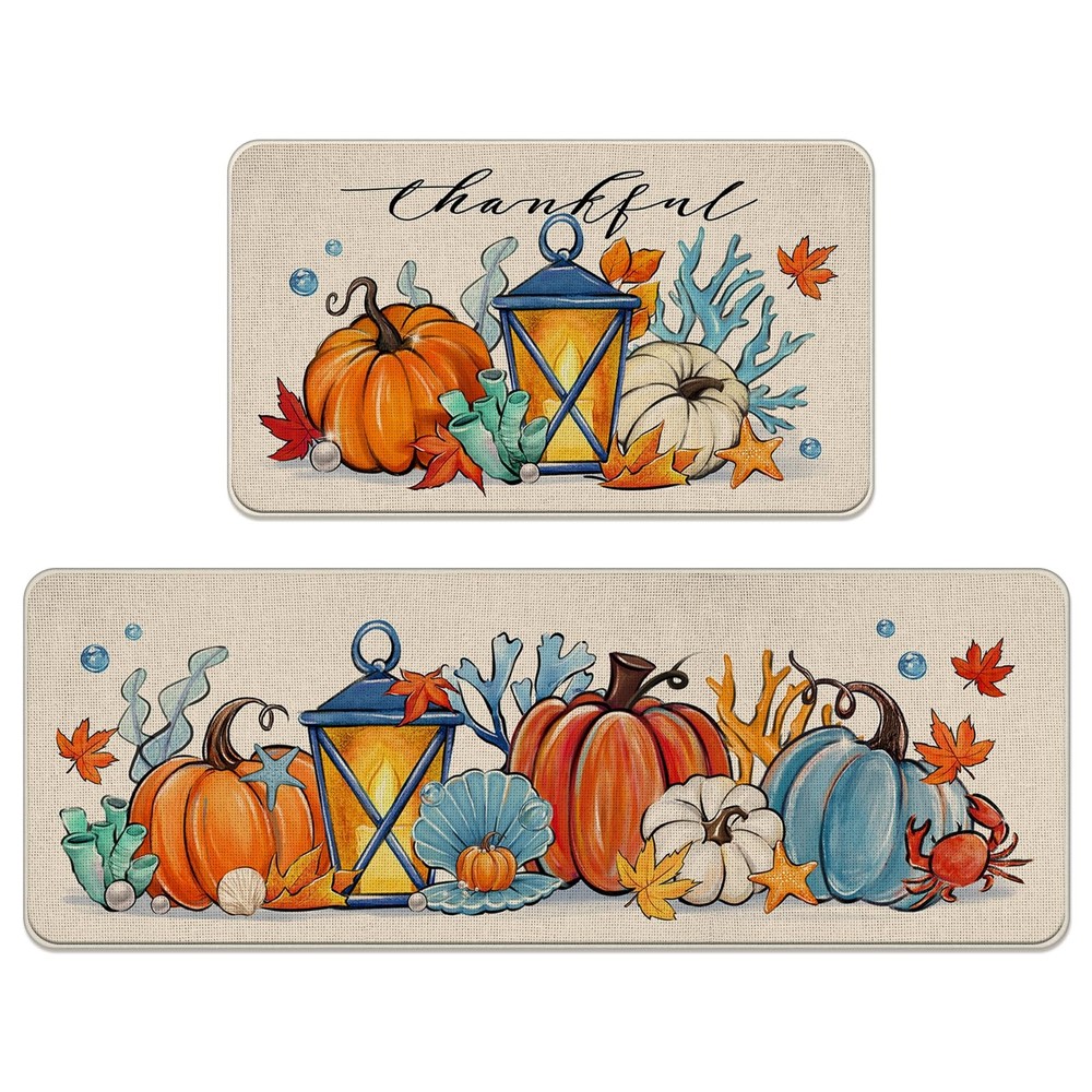 Thanksgiving Pumpkin Kitchen Rugs Set of 2, Fall Beach Coastal Lantern Decor