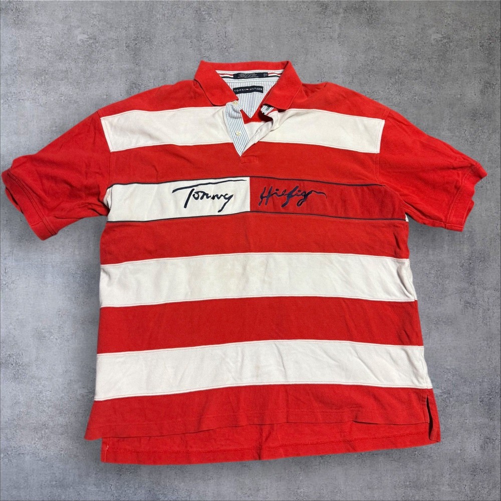 VTG Tommy Hilfiger Embroidered SPELL OUT Striped Polo S/S 2XL XXL Y2K Retro