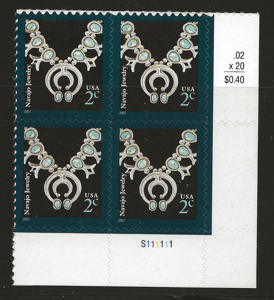 US Scott #3753, Plate Block #S111111 2007 Navajo Necklace 2c VF MNH Lower Right